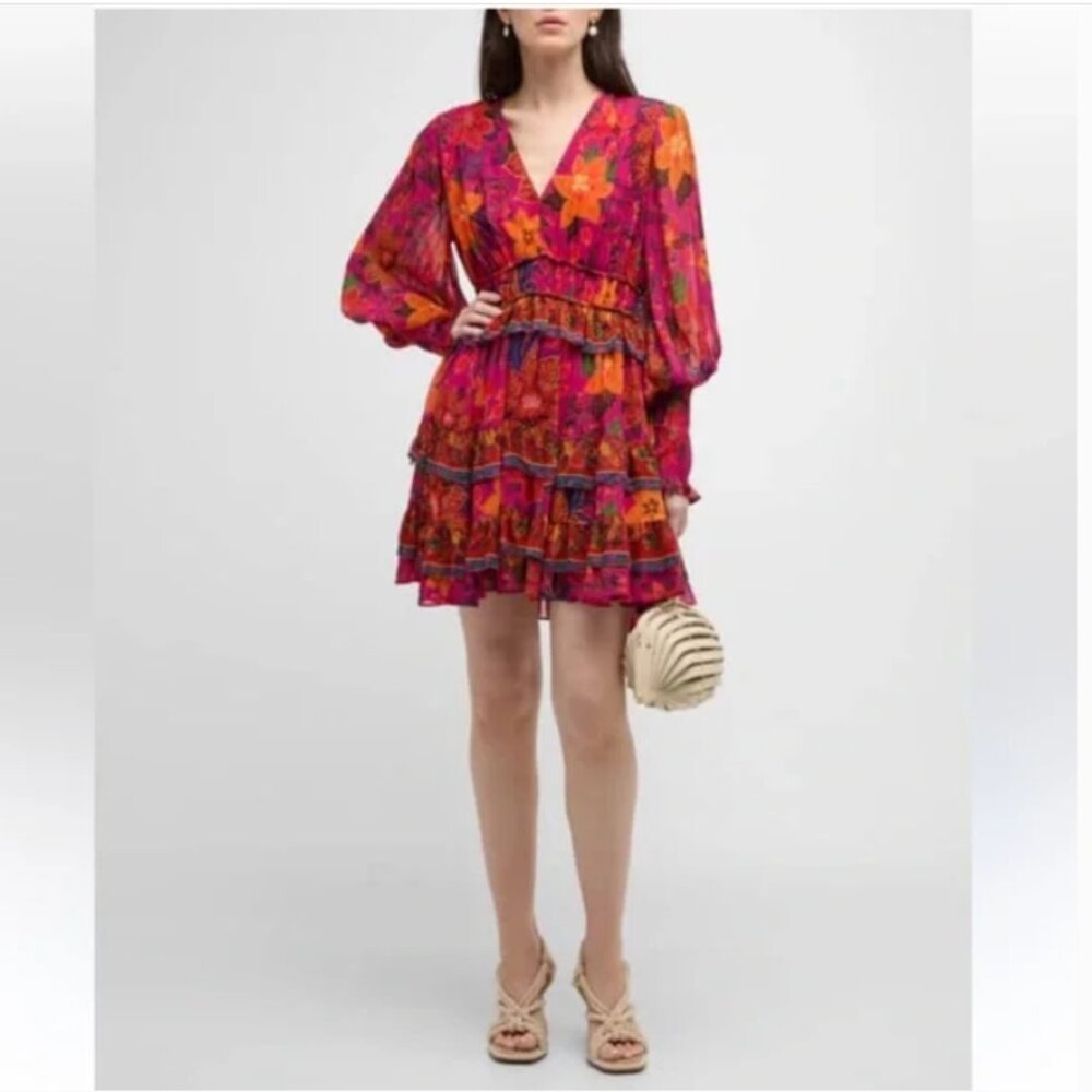 Farm Rio Tropical Tapestry Print V-Neck Tiered Puff-Sleeve Mini Dress‎ Size S